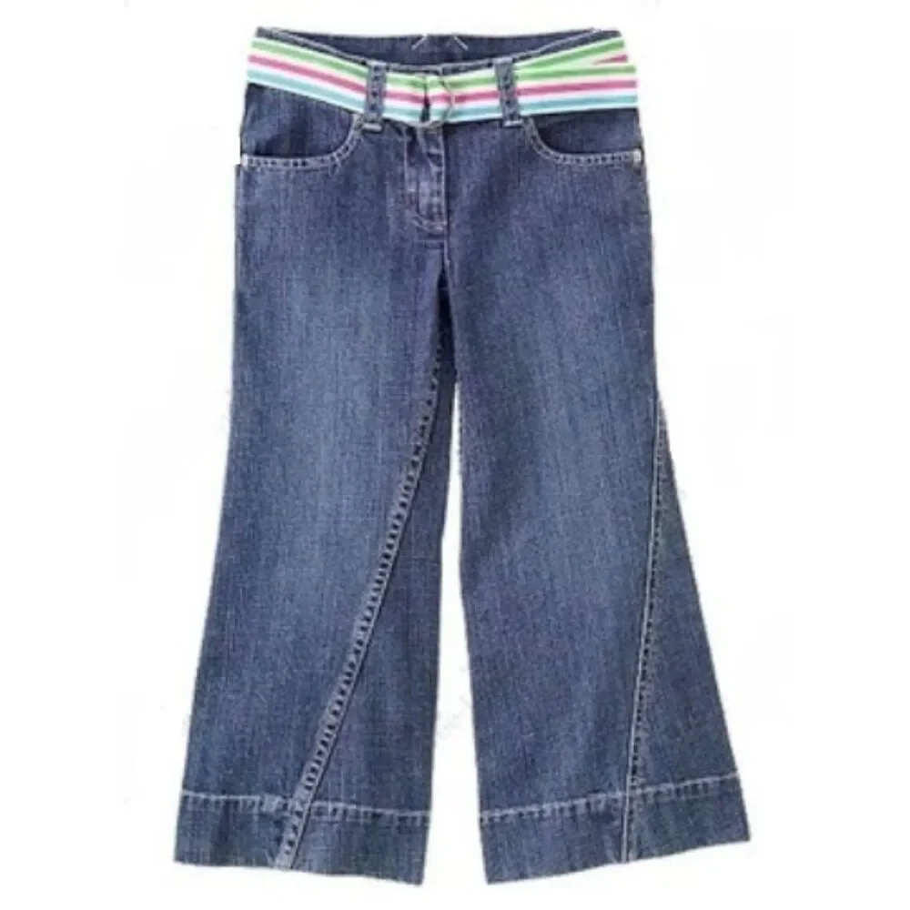 NEW Gymboree girls 8 SLIM wide leg denim pants jeans belt pink blue stripe baggy